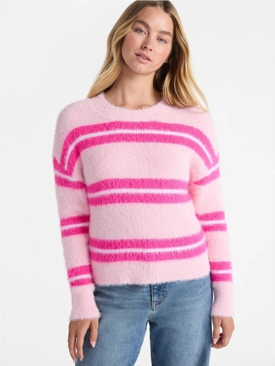 No Boundaries Sweaters - No Boundaries Pink Stripped Fuzzy Crewneck Feather Sweater  Size XS (0-2)